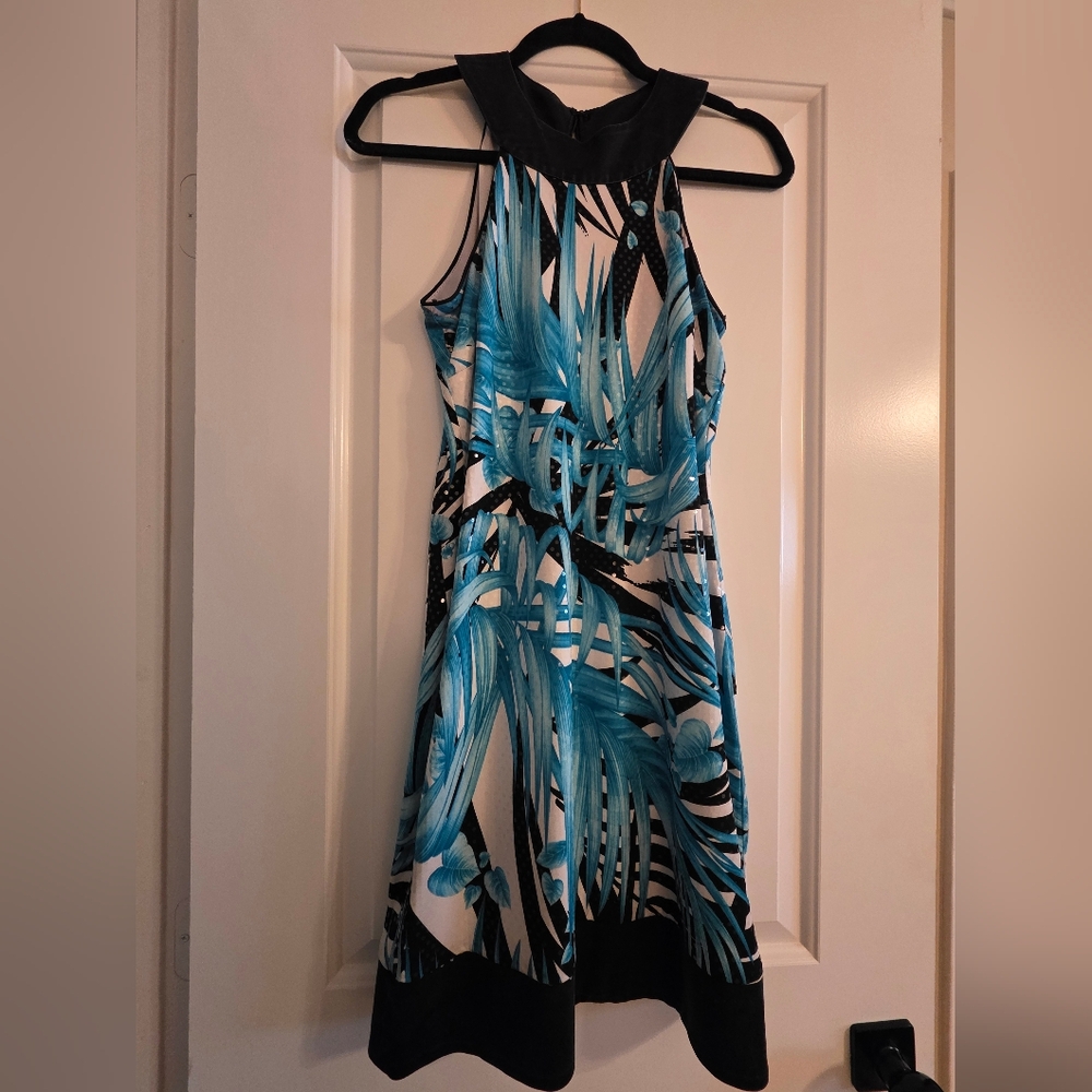 Cache Blue and Black Tropical Midi Dress